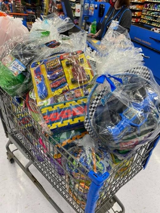 A cart full of Easter baskets ready to give away.