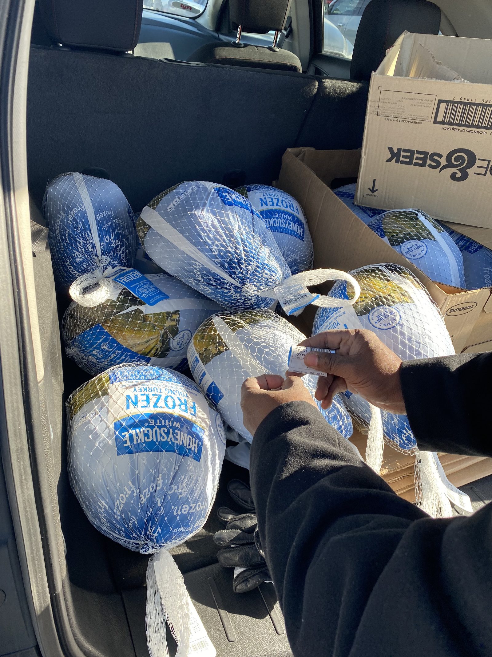 Frozen turkeys loaded for a Thanksgiving giveaway
