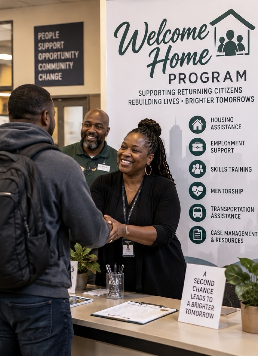 Welcome Home Program staff greet a returning citizen with a handshake at the welcome desk