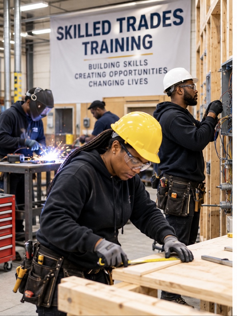Trainees practice carpentry, electrical work and welding beneath a Skilled Trades Training banner